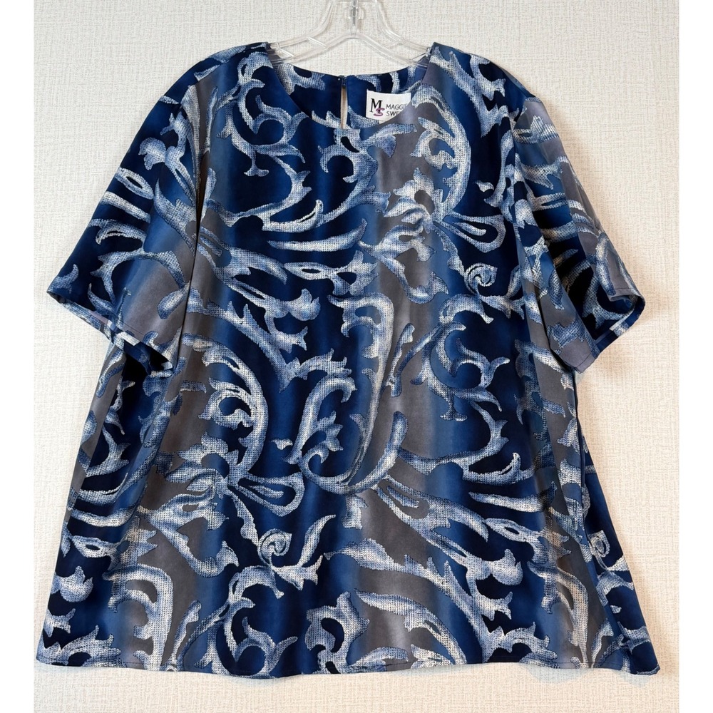 Maggie Sweet Womens Blue Grey Baroque Scroll Ombre Short Sleeve Blouse Top 2XL